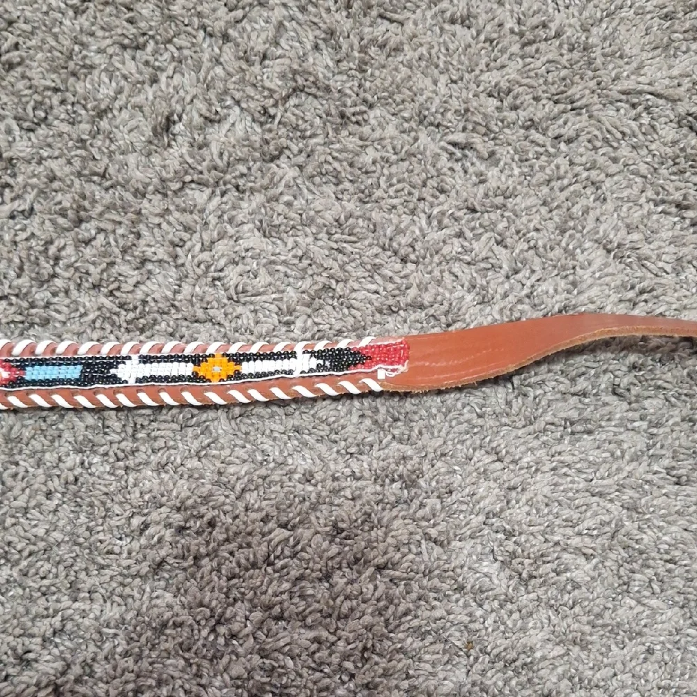 Made In Mexico Colorful Beaded Stamped Genuine Cowhide Belt-34-Brown Multi